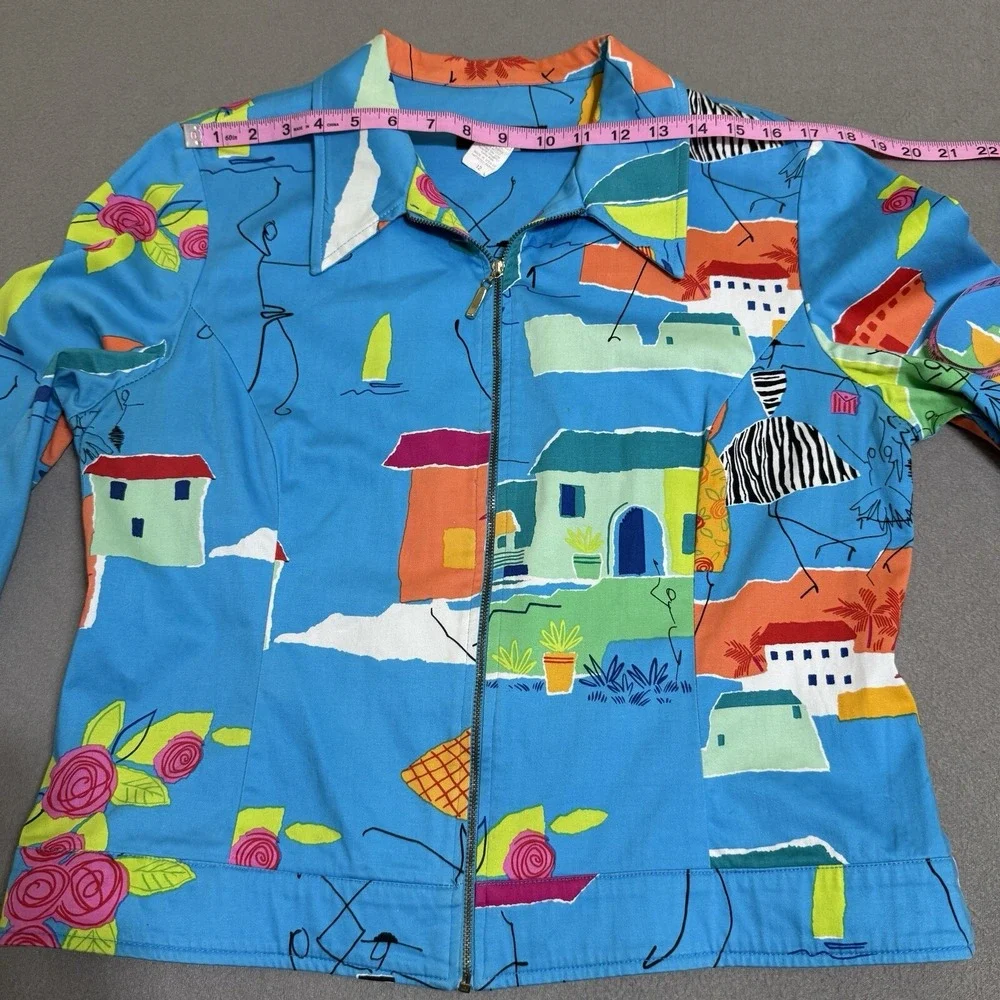 Vtg Women's Jacket Coat Sz 12 Funky Art To Wear Full Zip Houses Boats Travel 90s